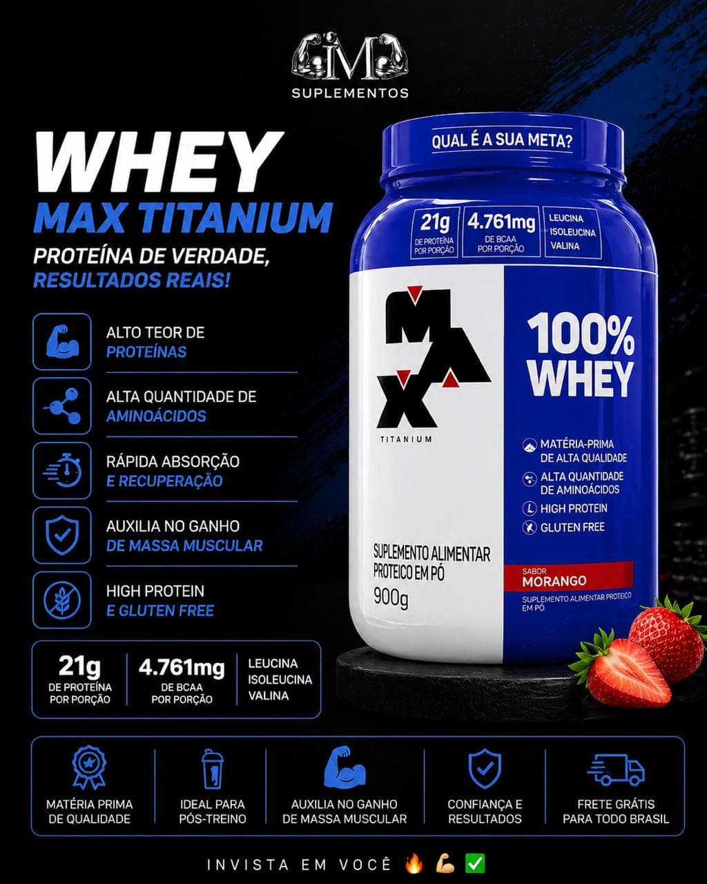 100% Whey Morango 900g