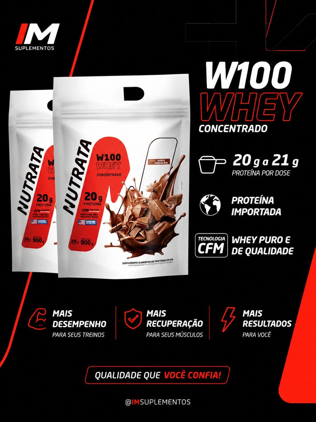 W100 Whey Concentrado Duplo Chocolate 900g